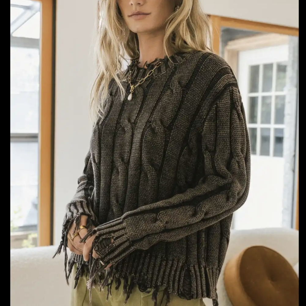 Bohme Chunky Cable Knit Distressed Sweater Dark Brown XS